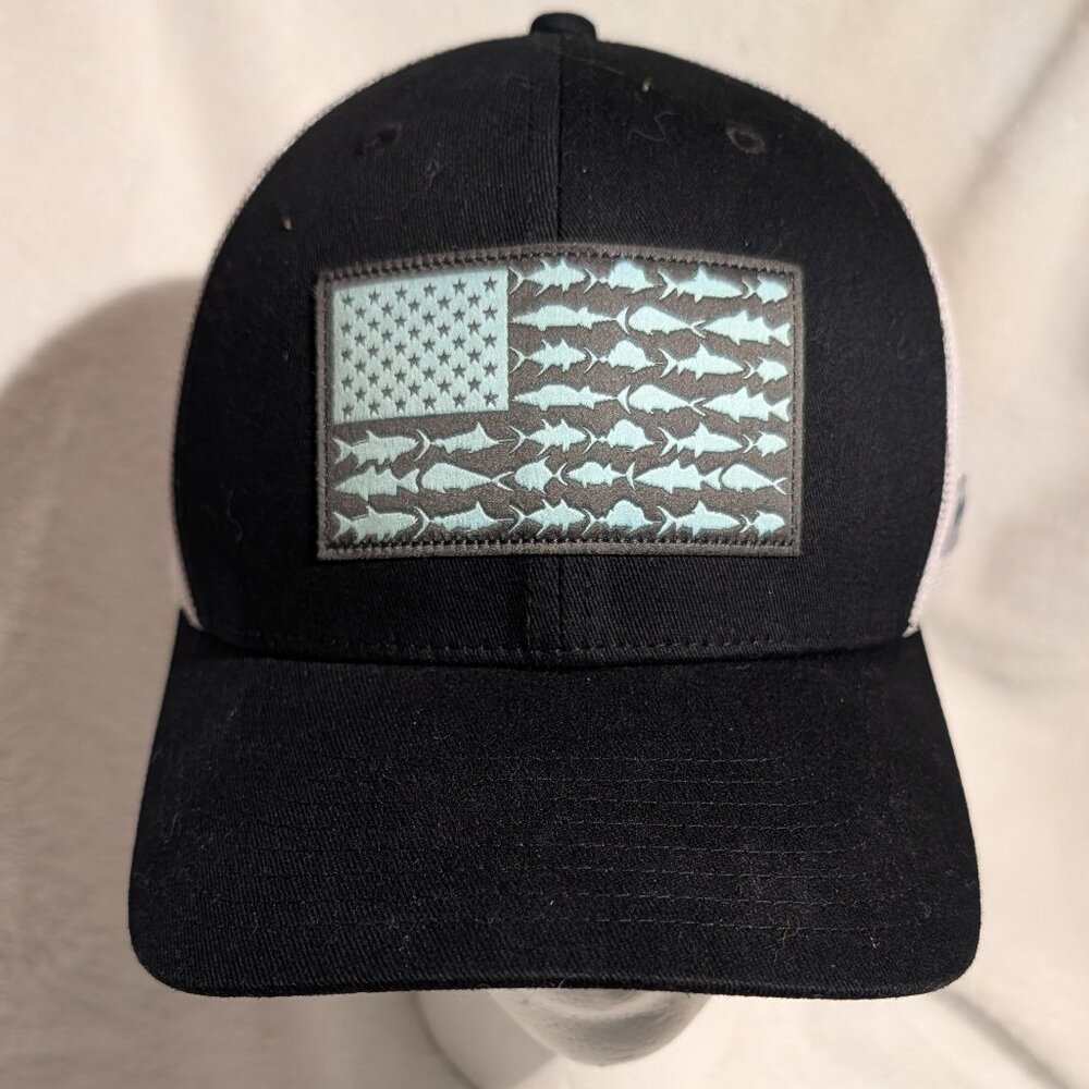 Columbia PFG Hat Cap Adjustable Unisex Black/Teal USA Fish Flag Trucker Mesh